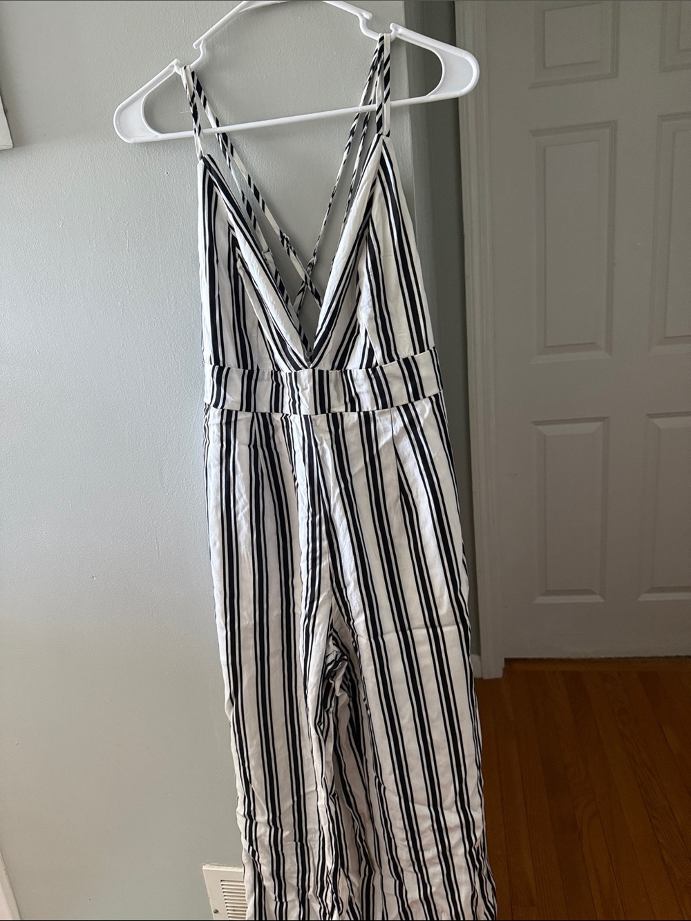 NanaMacs Black and White Striped V-Neck Wide-Leg Jumpsuit